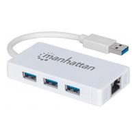 HUB MANHATTAN DE 3 PUERTOS USB 3.0 CON ADAPTADOR GIGABIT ETHERNET. UN PUERTO 10/100/1000 MBPS